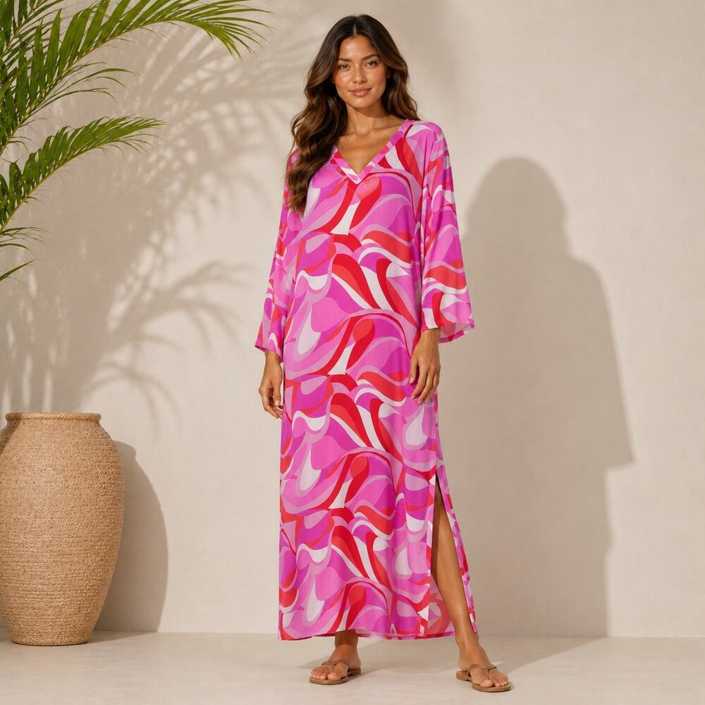 Natori Kaftan Maxi Dress Pink Mod Print Resort Cover Up Size S Pockets